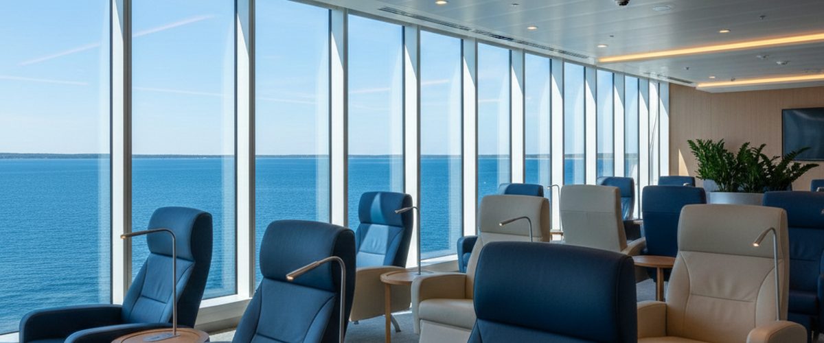 Business Class Lounge auf der SuperSpeed 2 mit bequemen Sitzen und Meerblick