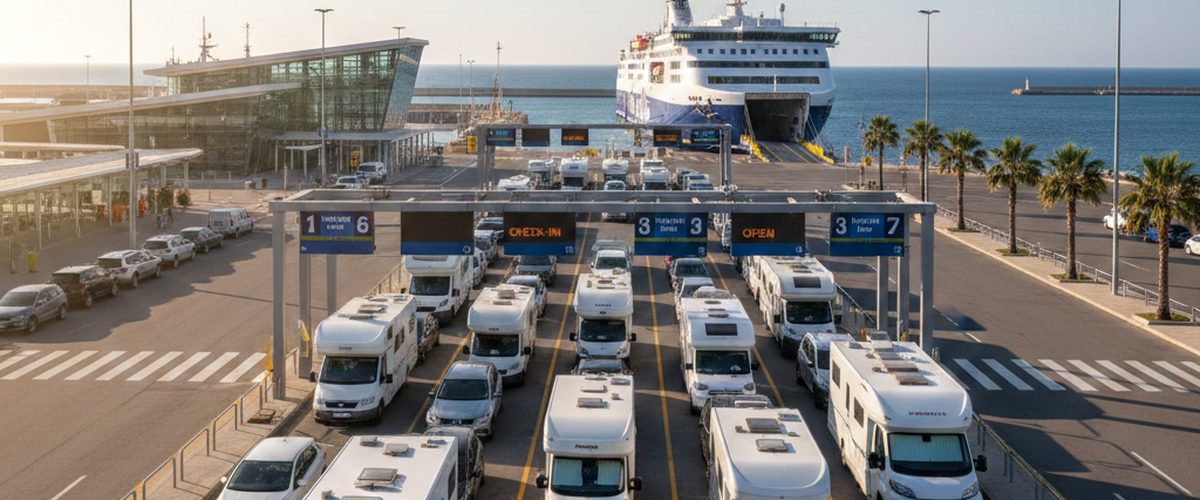 Autos und Wohnmobile am Check-in Terminal der Color Line F&auml;hre