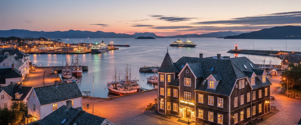 Hotel in Hirtshals nahe dem F&auml;hrhafen bei Abendd&auml;mmerung