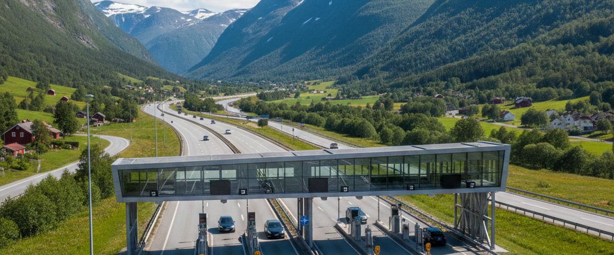 Norwegische Mautstation AutoPASS auf einer Autobahn mit Berglandschaft