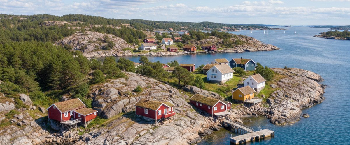 Norwegische Küste bei Larvik mit Fjord und grünen Hügeln