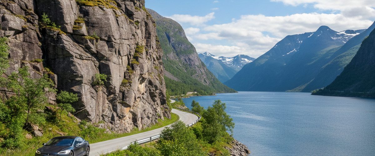 Norwegische K&uuml;stenstra&szlig;e entlang eines Fjords mit dramatischen Felsen