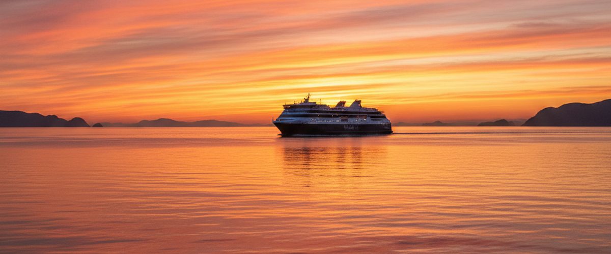 F&auml;hre bei Sonnenuntergang auf dem Skagerrak &ndash; Blog &uuml;ber die Hirtshals-Larvik-Route