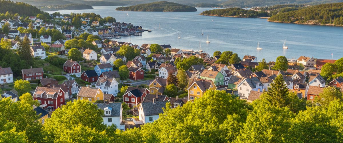 Larvik in Norwegen mit Fjord, B&ouml;eskogen Buchenwald und bunten H&auml;usern